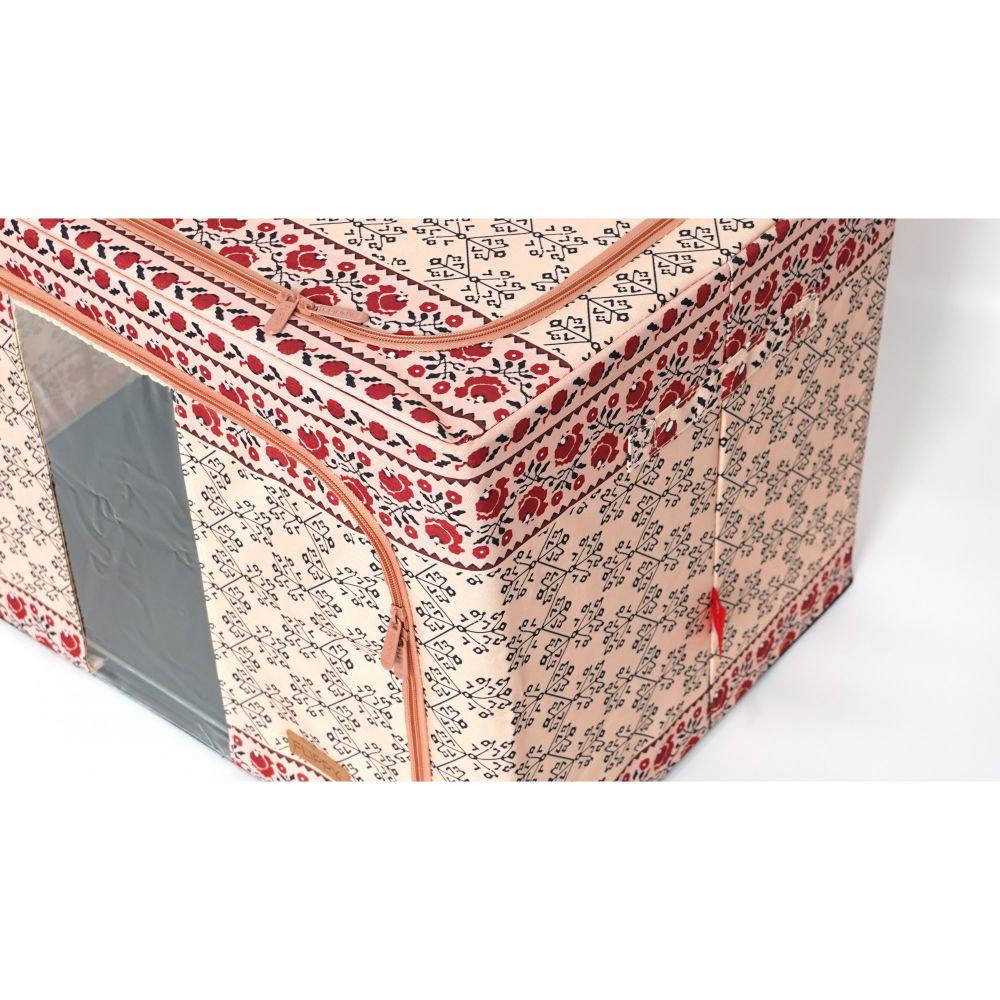 Cutie de depozitare pliabila,100 l din bumbac si in, 60x42x40 cm, fereastra frontala, 2 usi de acces cu fermoar bidirectional, cadru metalic, suport baza stabil din plastic, motiv traditional model 3 [5]