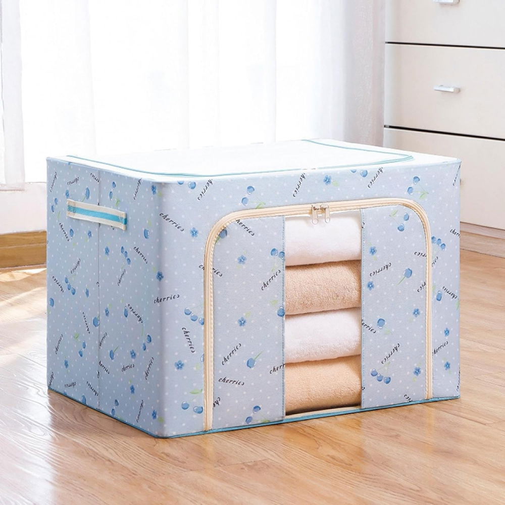 Cutie de depozitare pliabila, 100 l, din tesatura oxford, 60x42x40 cm, fereastra frontala, 2 usi de acces cu fermoar bidirectional, cadru metalic, suport baza stabil din plastic, imprimeu cirese, albastru [2]