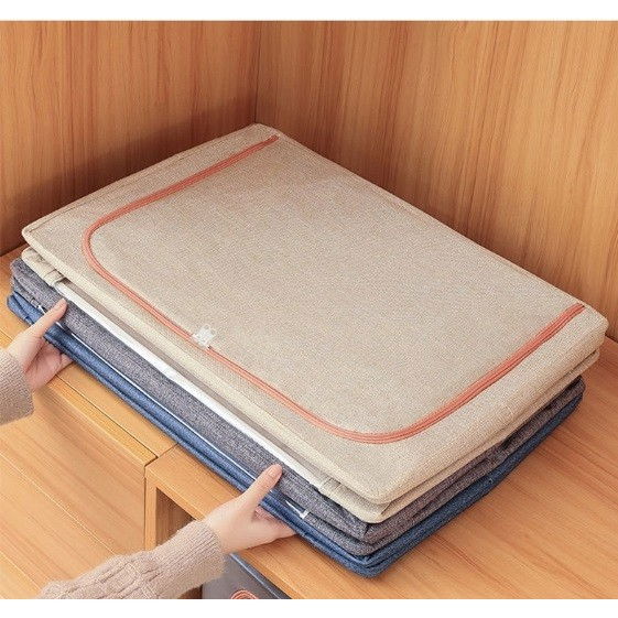 Cutie de depozitare pliabila, 24 l, din bumbac si in, 40x30x20 cm, 2 ferestre, frontala si laterala, 2 usi de acces cu fermoar bidirectional, cadru metalic, suport baza stabil din plastic, bej [3]