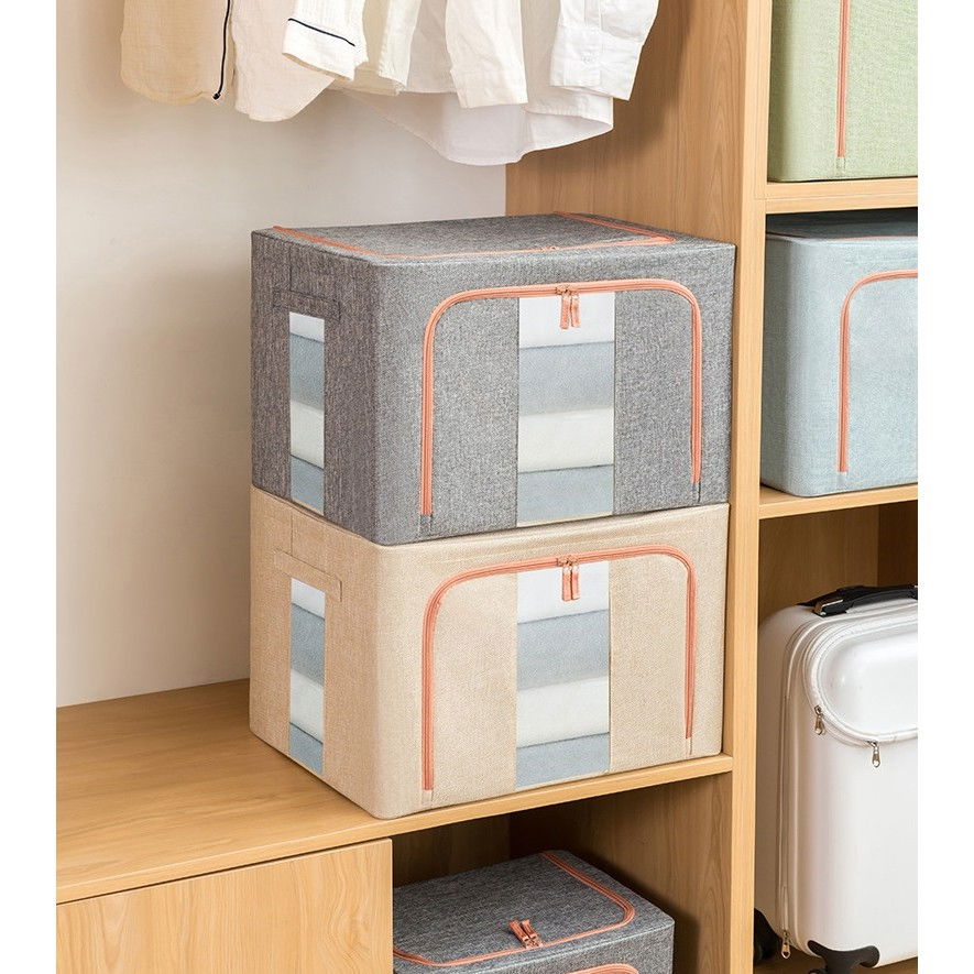 Cutie de depozitare pliabila, 24 l, din bumbac si in, 40x30x20 cm, 2 ferestre, frontala si laterala, 2 usi de acces cu fermoar bidirectional, cadru metalic, suport baza stabil din plastic, bej [9]