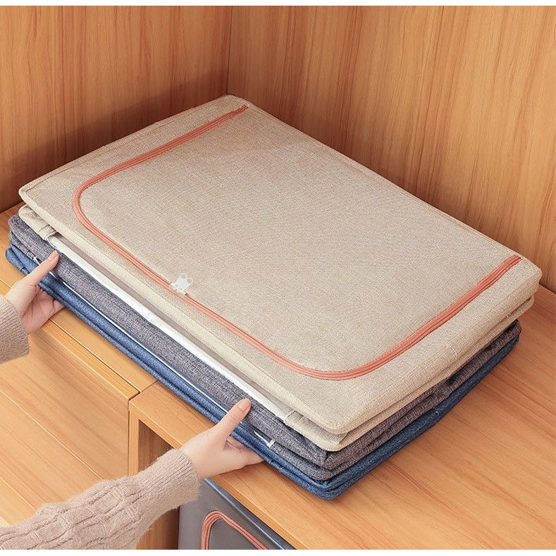 Cutie de depozitare pliabila, 24 l, din bumbac si in, 40x30x20 cm, 2 ferestre, frontala si laterala, 2 usi de acces cu fermoar bidirectional, cadru metalic, suport baza stabil din plastic, bej [6]