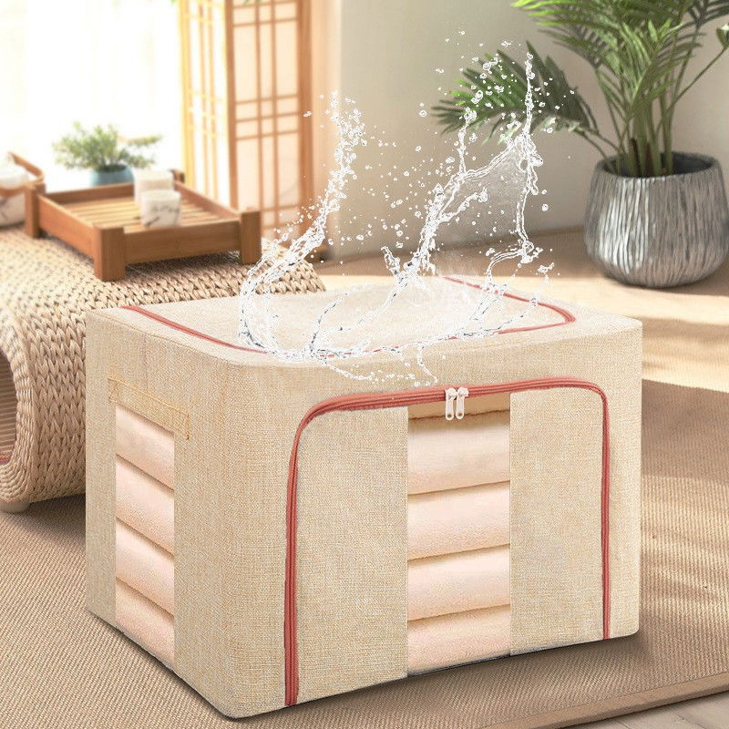 Cutie de depozitare pliabila, 24 l, din bumbac si in, 40x30x20 cm, 2 ferestre, frontala si laterala, 2 usi de acces cu fermoar bidirectional, cadru metalic, suport baza stabil din plastic, bej [4]