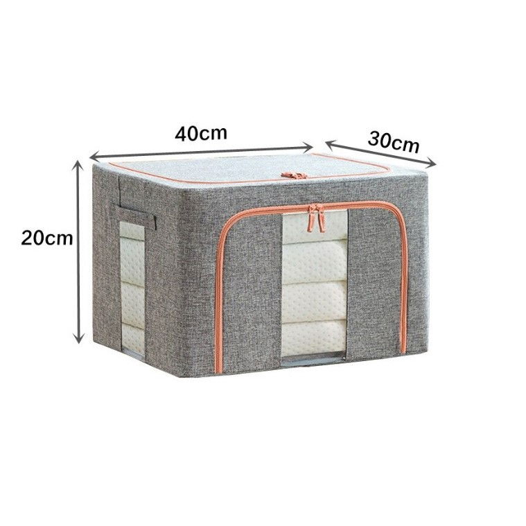 Cutie de depozitare pliabila, 24 l, din bumbac si in, 40x30x20 cm, 2 ferestre, frontala si laterala, 2 usi de acces cu fermoar bidirectional, cadru metalic, suport baza stabil din plastic, gri [1]