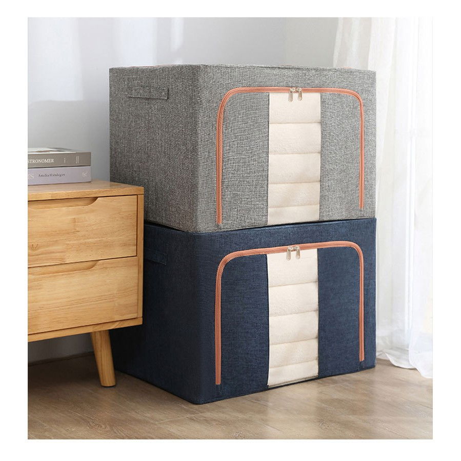 Cutie de depozitare pliabila, 24 l, din bumbac si in, 40x30x20 cm, fereastra frontala, 2 usi de acces cu fermoar bidirectional, cadru metalic, suport baza stabil din plastic, gri [11]