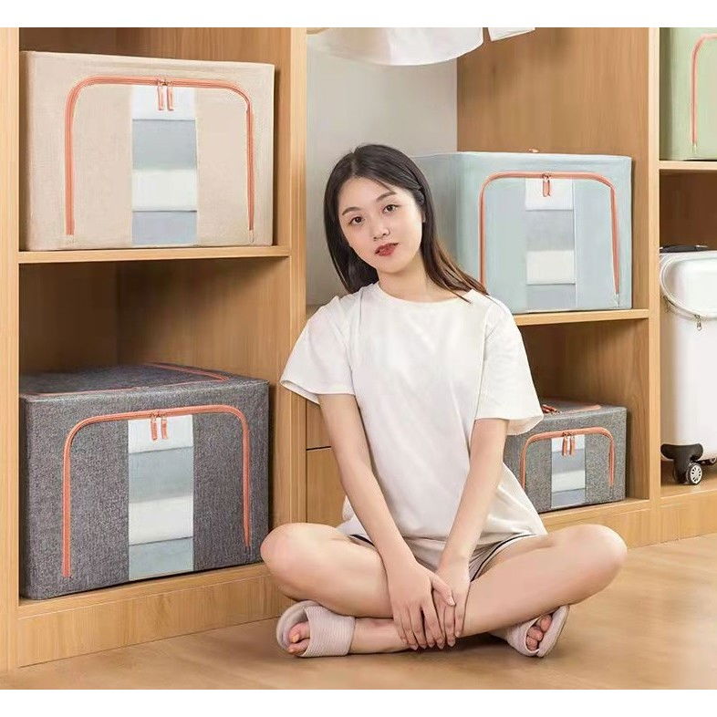 Cutie de depozitare pliabila, 24 l, din bumbac si in, 40x30x20 cm, fereastra frontala, 2 usi de acces cu fermoar bidirectional, cadru metalic, suport baza stabil din plastic, gri [8]