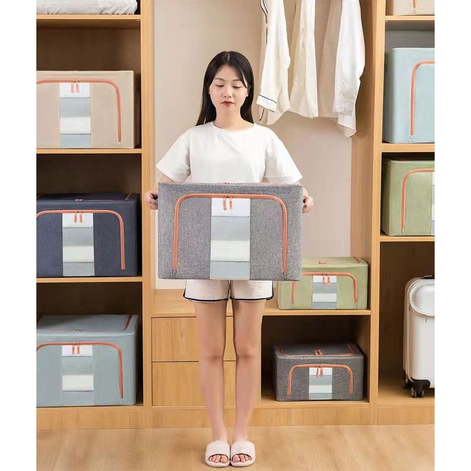 Cutie de depozitare pliabila, 24 l, din bumbac si in, 40x30x20 cm, fereastra frontala, 2 usi de acces cu fermoar bidirectional, cadru metalic, suport baza stabil din plastic, gri [9]