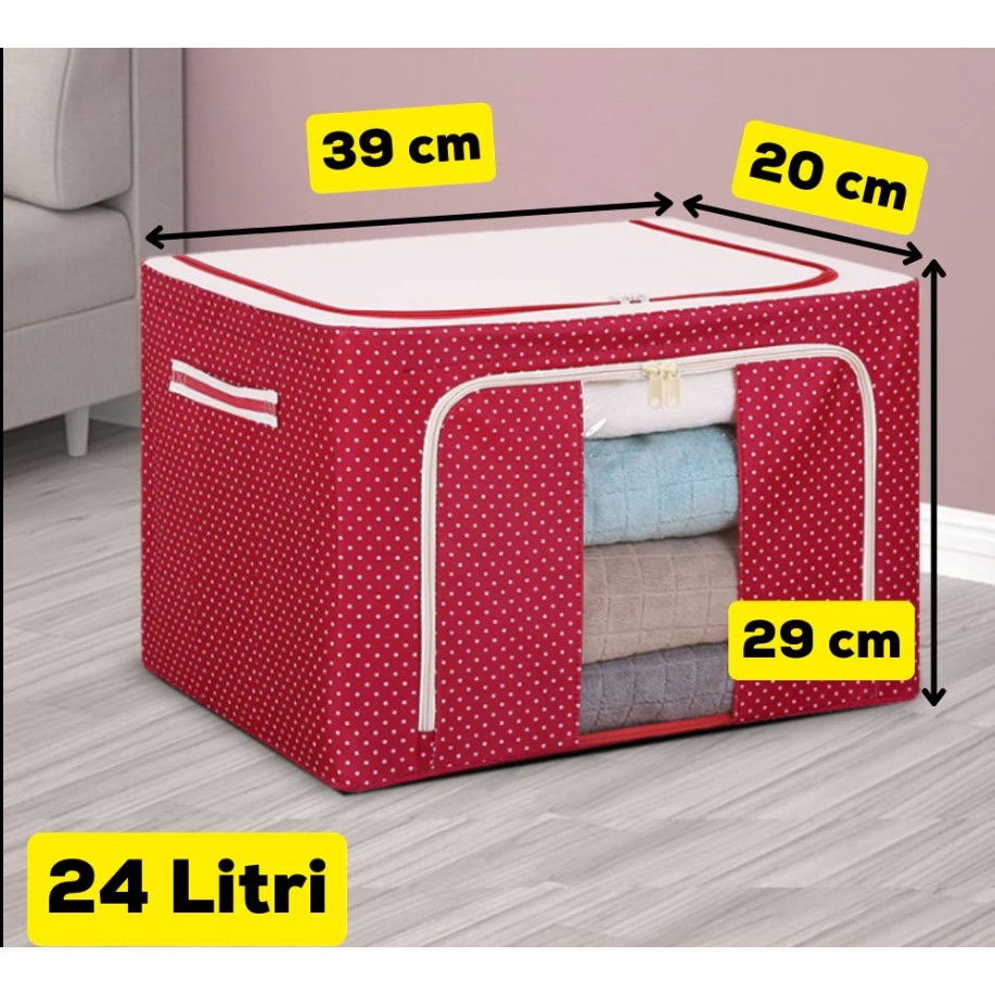 Cutie de depozitare pliabila, 24 l, panza oxford, 40x30x20 cm, fereastra frontala, 2 usi de acces cu fermoar bidirectional, cadru metalic, suport baza stabil din plastic, imprimeu buline, rosu [3]