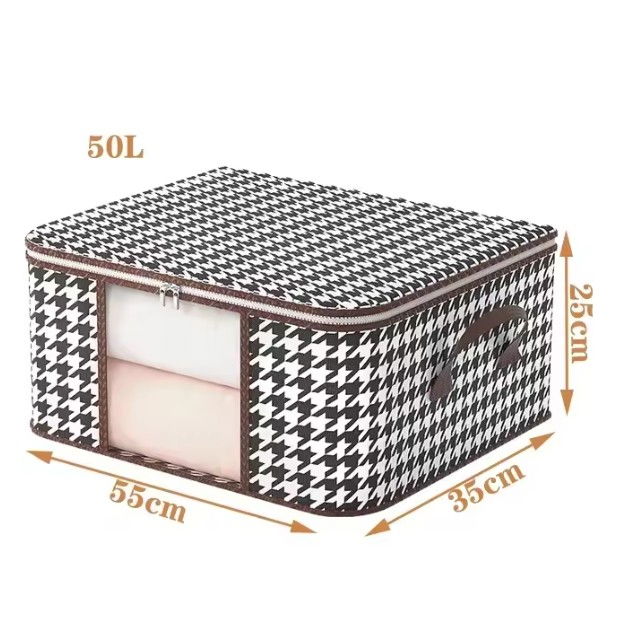 Cutie de depozitare pliabila, 55x35x25 cm, 50 l, fereastra frontala, cu fermoar bidirectional, suport baza stabil, imprimeu in carouri, alb/negru [8]