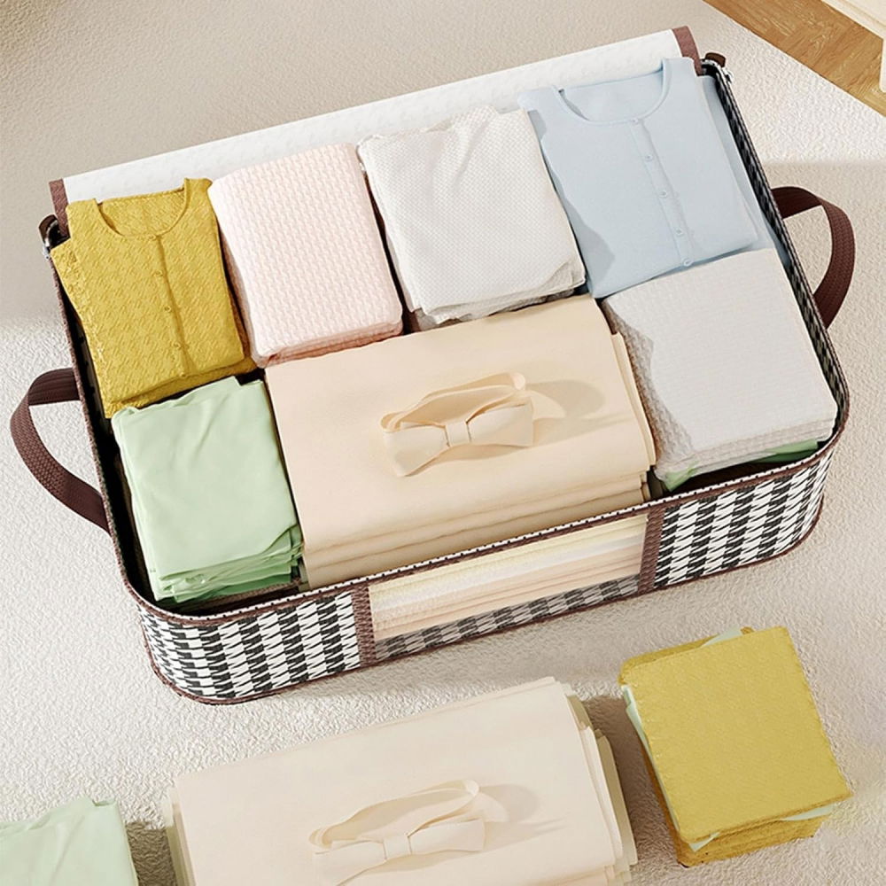 Cutie de depozitare pliabila, 55x35x25 cm, 50 l, fereastra frontala, cu fermoar bidirectional, suport baza stabil, imprimeu in carouri, alb/negru [6]