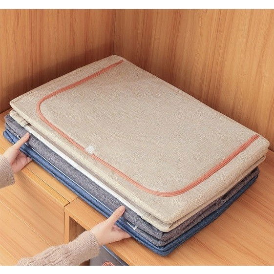 Cutie de depozitare pliabila, 66 l, din bumbac si in, 50x40x33 cm, 2 ferestre, frontala si laterala, 2 usi de acces cu fermoar bidirectional, cadru metalic, suport baza stabil din plastic, bej [3]