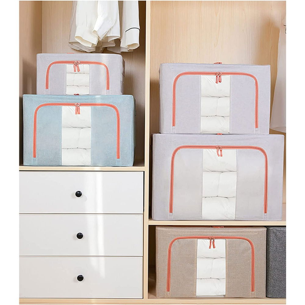 Cutie de depozitare pliabila, 66 l, din bumbac si in, 50x40x33 cm, fereastra frontala transparenta, 2 usi de acces cu fermoar bidirectional, cadru metalic, suport baza stabil din plastic, bleu [4]