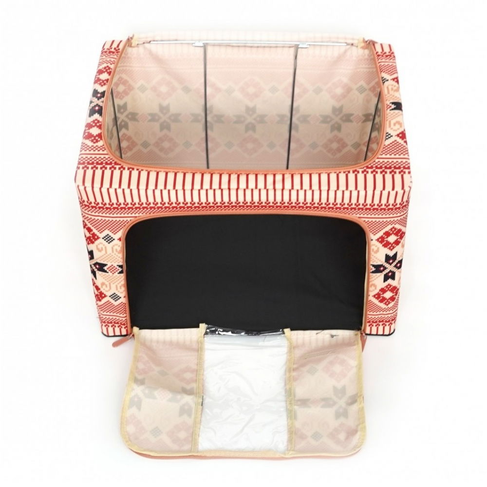 Cutie de depozitare pliabila, 66 l din bumbac si in, 52 x 42 x 39 cm, fereastra frontala, 2 usi de acces cu fermoar bidirectional, cadru metalic, suport baza stabil din plastic, motiv traditional model 5 [4]