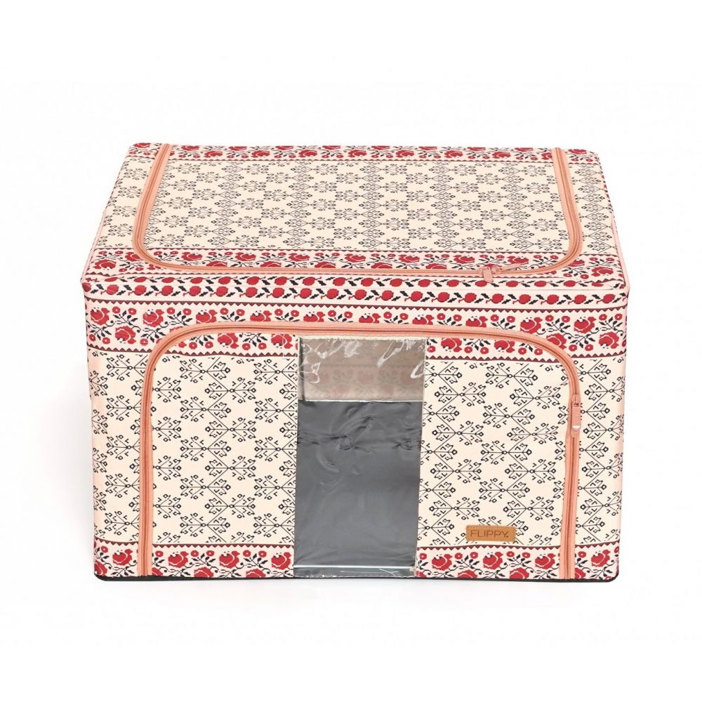 Cutie de depozitare pliabila, 66 l din bumbac si in, 52 x 42 x 39 cm, fereastra frontala, 2 usi de acces cu fermoar bidirectional, cadru metalic, suport baza stabil din plastic, motiv traditional model 6 [5]