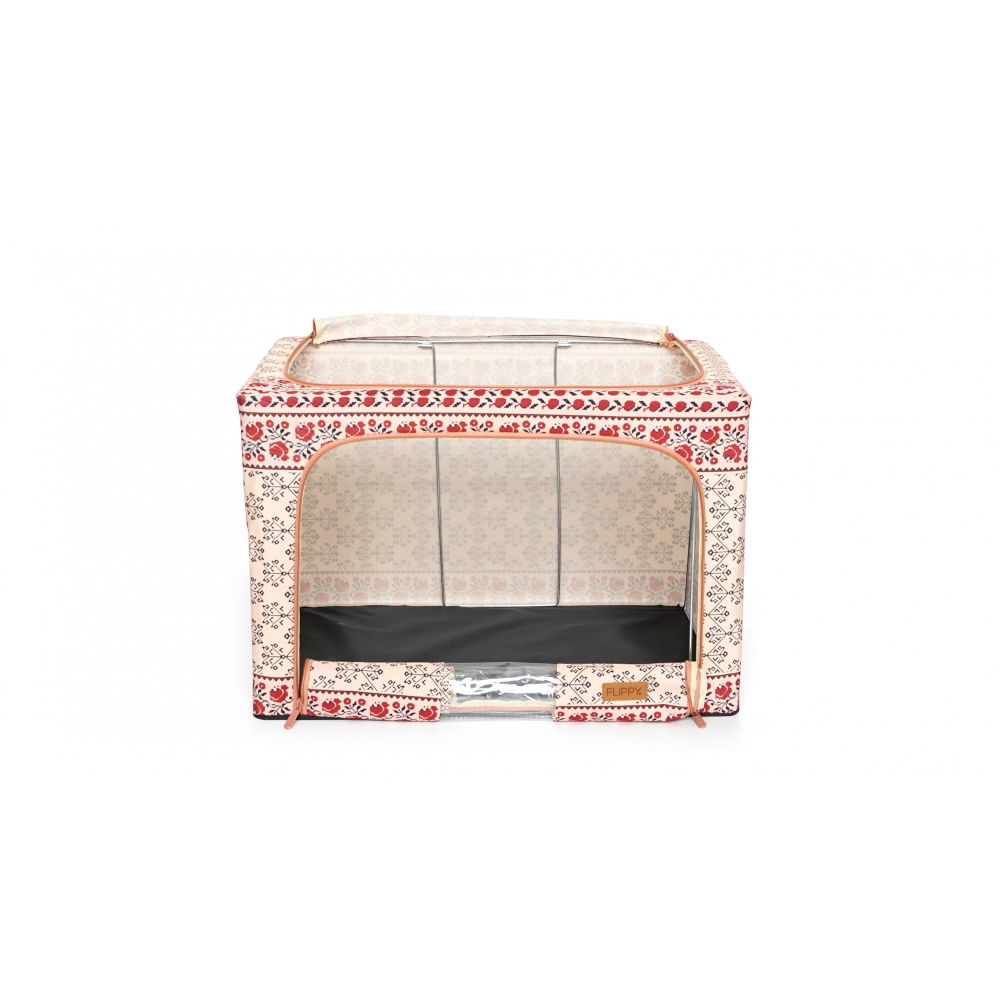 Cutie de depozitare pliabila, 66 l din bumbac si in, 52 x 42 x 39 cm, fereastra frontala, 2 usi de acces cu fermoar bidirectional, cadru metalic, suport baza stabil din plastic, motiv traditional model 6 [6]