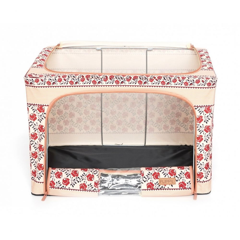 Cutie de depozitare pliabila, 66 l din bumbac si in, 52 x 42 x 39 cm, fereastra frontala, 2 usi de acces cu fermoar bidirectional, cadru metalic, suport baza stabil din plastic, motiv traditional model 7 [2]