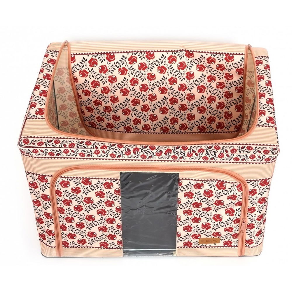 Cutie de depozitare pliabila, 66 l din bumbac si in, 52 x 42 x 39 cm, fereastra frontala, 2 usi de acces cu fermoar bidirectional, cadru metalic, suport baza stabil din plastic, motiv traditional model 7 [4]