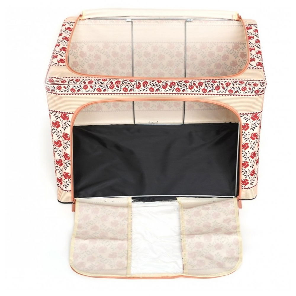 Cutie de depozitare pliabila, 66 l din bumbac si in, 52 x 42 x 39 cm, fereastra frontala, 2 usi de acces cu fermoar bidirectional, cadru metalic, suport baza stabil din plastic, motiv traditional model 7 [3]