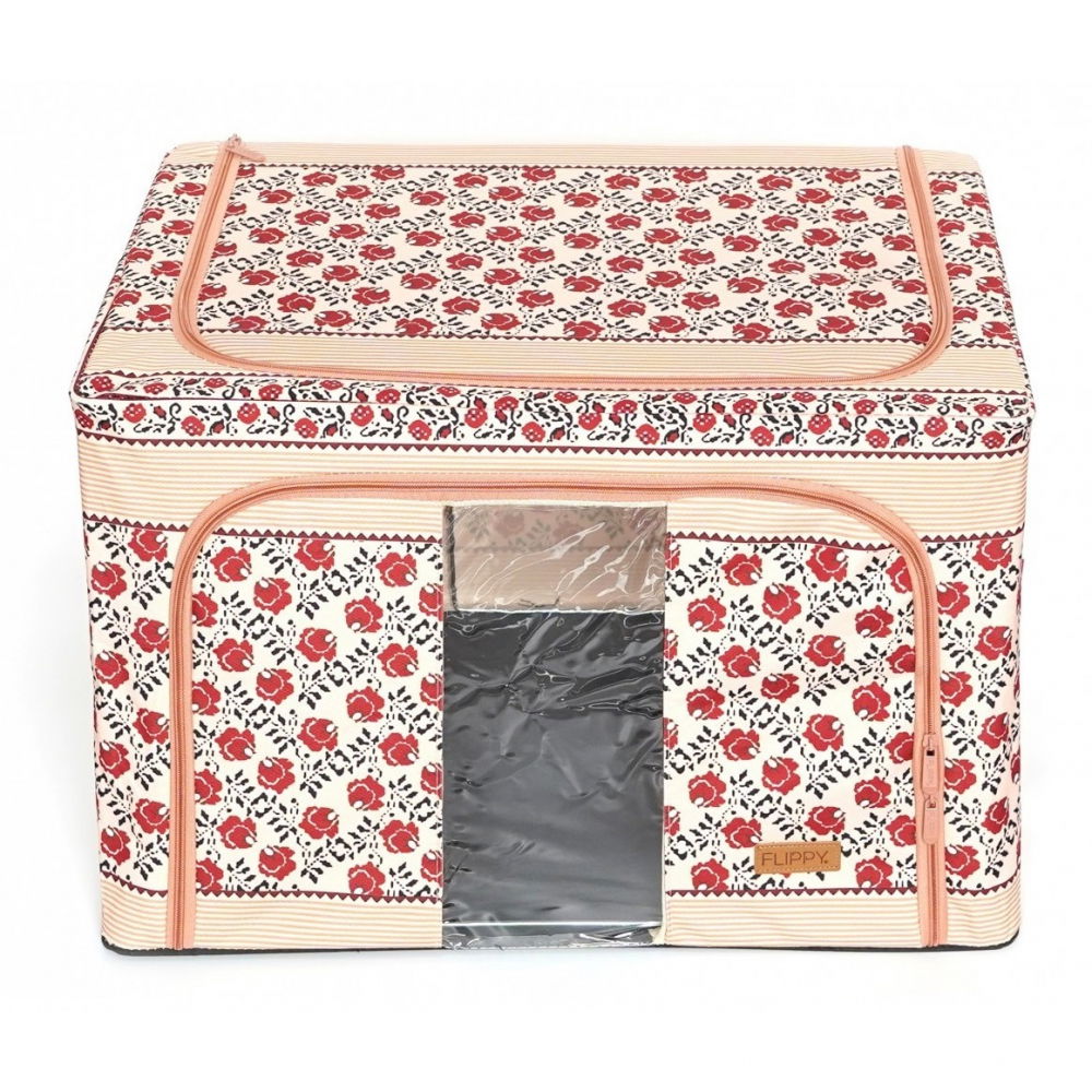 Cutie de depozitare pliabila, 66 l din bumbac si in, 52 x 42 x 39 cm, fereastra frontala, 2 usi de acces cu fermoar bidirectional, cadru metalic, suport baza stabil din plastic, motiv traditional model 7 [6]