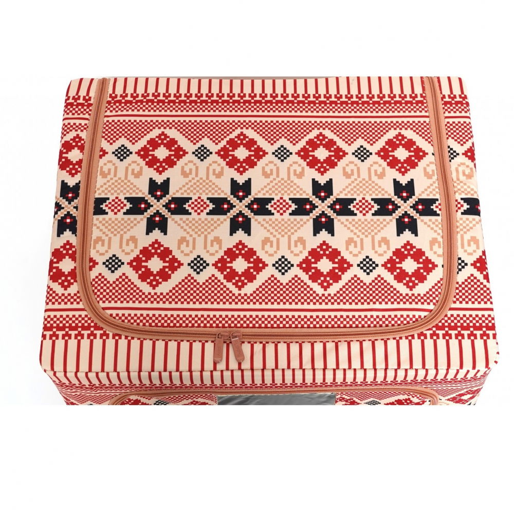 Cutie de depozitare pliabila, 66 l din bumbac si in, 52 x 42 x 39 cm, fereastra frontala, 2 usi de acces cu fermoar bidirectional, cadru metalic, suport baza stabil din plastic, motiv traditional model 5 [7]