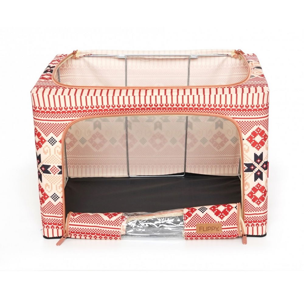 Cutie de depozitare pliabila, 66 l din bumbac si in, 52 x 42 x 39 cm, fereastra frontala, 2 usi de acces cu fermoar bidirectional, cadru metalic, suport baza stabil din plastic, motiv traditional model 5 [5]