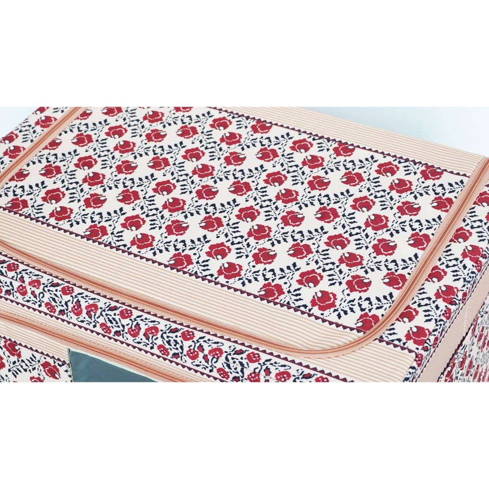 Cutie de depozitare pliabila, 66 l din bumbac si in, 52 x 42 x 39 cm, fereastra frontala, 2 usi de acces cu fermoar bidirectional, cadru metalic, suport baza stabil din plastic, motiv traditional model 7 [9]