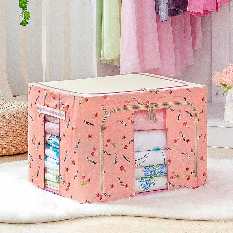 Cutie de depozitare pliabila, 66 l, din tesatura oxford, 50x40x33 cm, 2 ferestre, frontala si laterala, 2 usi de acces cu fermoar bidirectional, cadru metalic, suport baza stabil din plastic, imprimeu cirese, roz [2]