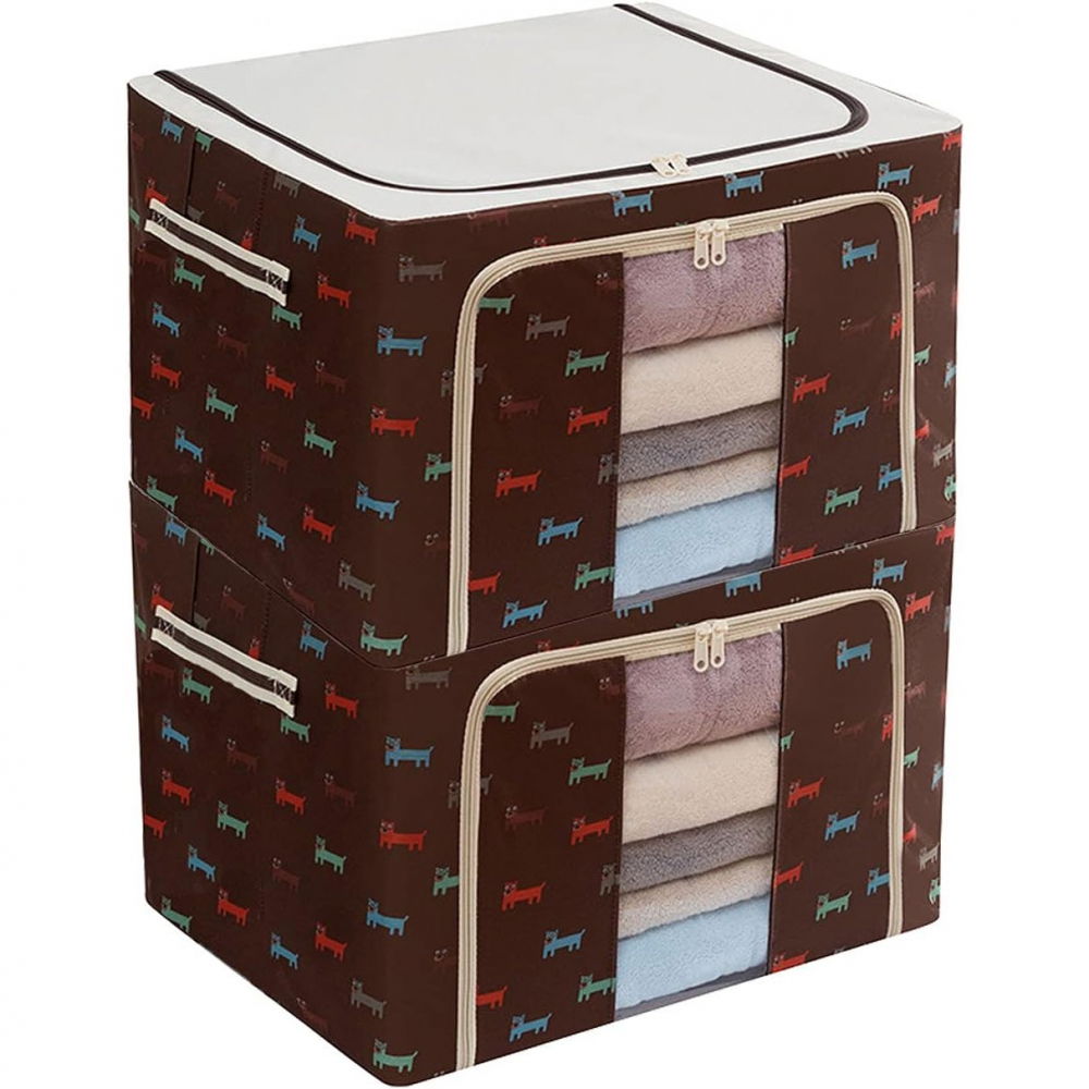 Cutie de depozitare pliabila, 66 l, din tesatura oxford, 50x40x33 cm, fereastra frontala, 2 usi de acces cu fermoar bidirectional, cadru metalic, suport baza stabil din plastic, imprimeu catelusi, maro [3]