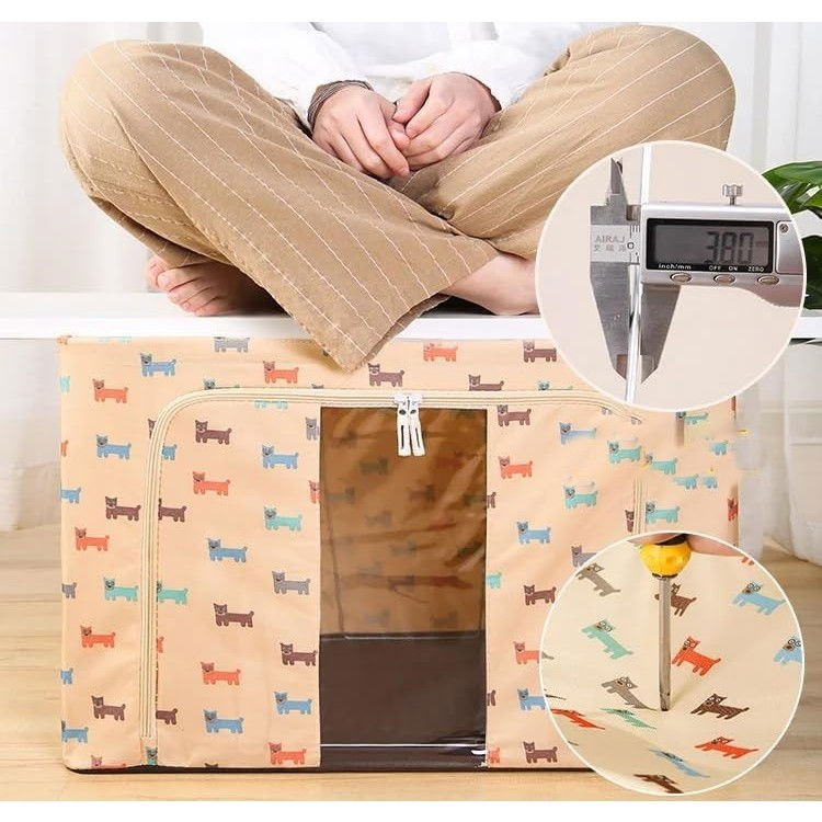 Cutie de depozitare pliabila, 66 l, panza oxford, 50x40x33 cm, fereastra frontala, 2 usi de acces cu fermoar bidirectional, cadru metalic, suport baza stabil din plastic, imprimeu catelus, bej [1]