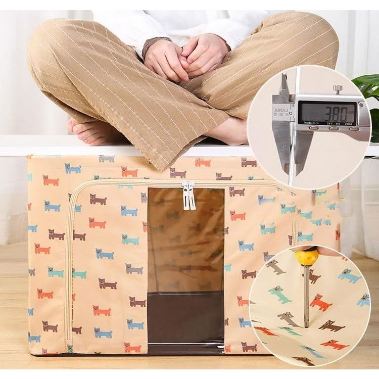 Cutie de depozitare pliabila, 66 l, panza oxford, 50x40x33 cm, fereastra frontala, 2 usi de acces cu fermoar bidirectional, cadru metalic, suport baza stabil din plastic, imprimeu catelus, bej [2]