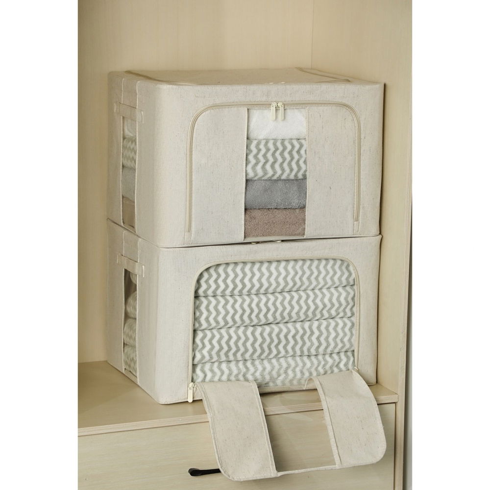 Cutie de depozitare pliabila, cu fereastra si fermoar dublu, 66 l, textil premium, 50x40x33 cm, cadru metalic, impermeabila, alb texturat [3]