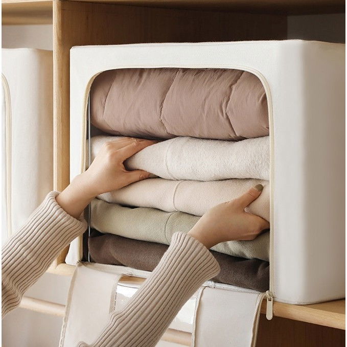 Cutie de depozitare pliabila, cu fereastra si fermoar dublu, 66 l, textil premium, 50x40x33 cm, cadru metalic, impermeabila, bej [34]