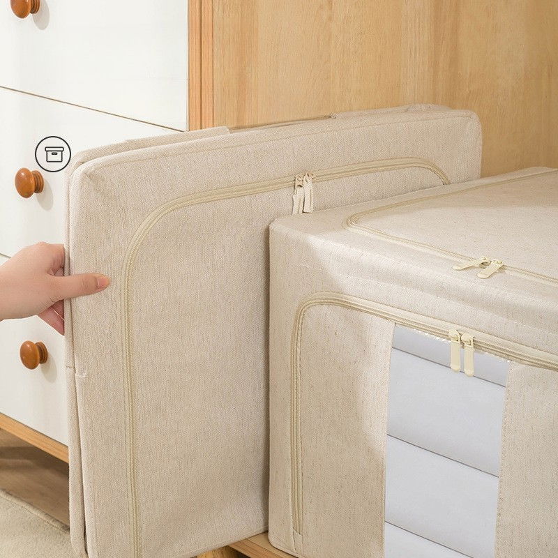 Cutie de depozitare pliabila, cu fereastra si fermoar dublu, 66 l, textil premium, 50x40x33 cm, cadru metalic, impermeabila, bej [9]