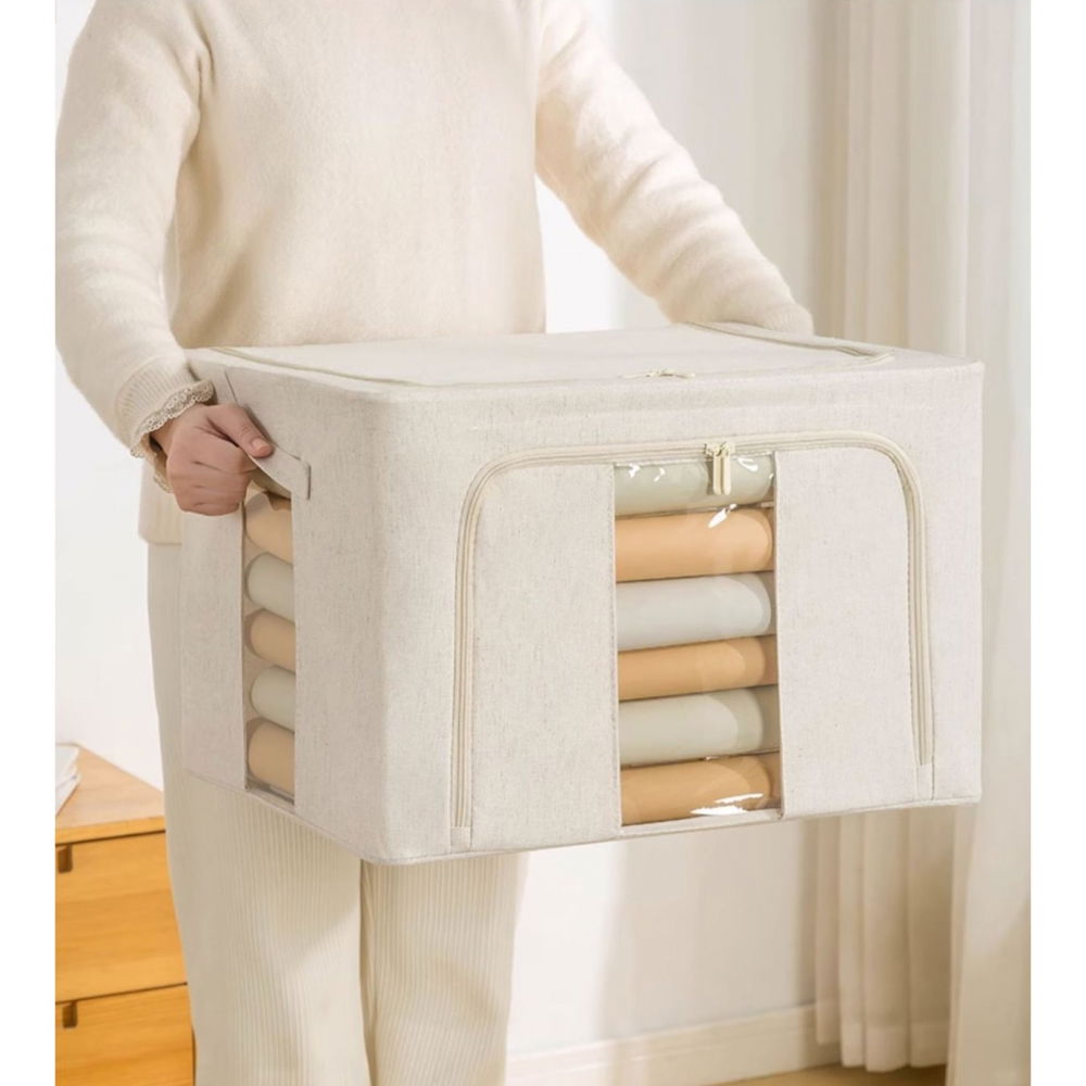 Cutie de depozitare pliabila, cu fereastra si fermoar dublu, 66 l, textil premium, 50x40x33 cm, cadru metalic, impermeabila, bej [36]