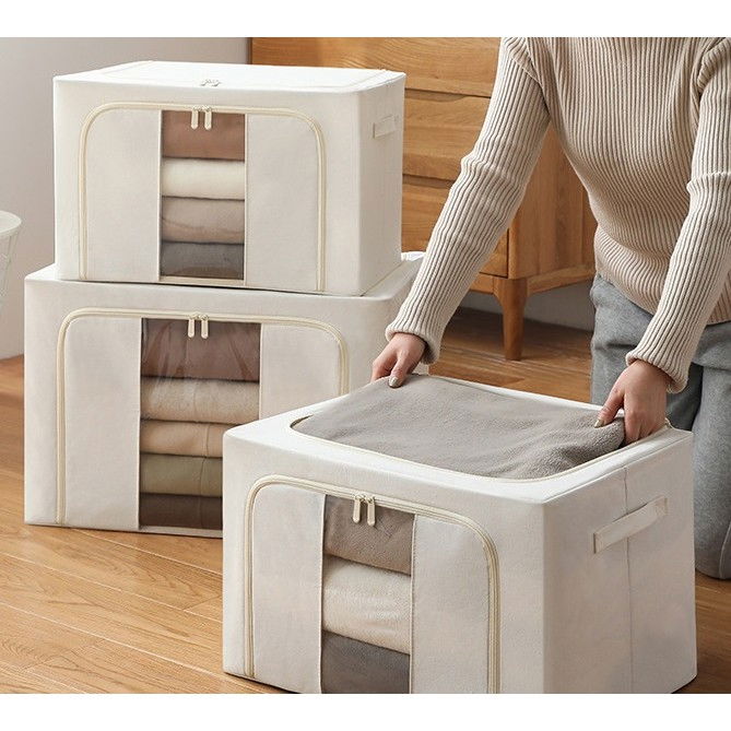 Cutie de depozitare pliabila, cu fereastra si fermoar dublu, 66 l, textil premium, 50x40x33 cm, cadru metalic, impermeabila, bej [24]