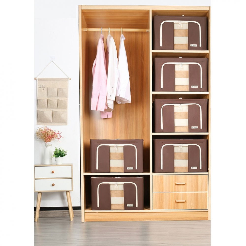 Cutie de depozitare pliabila, cu fereastra si fermoar dublu, 66 l, textil premium, 50x40x33 cm, cadru metalic, impermeabila, maro [9]