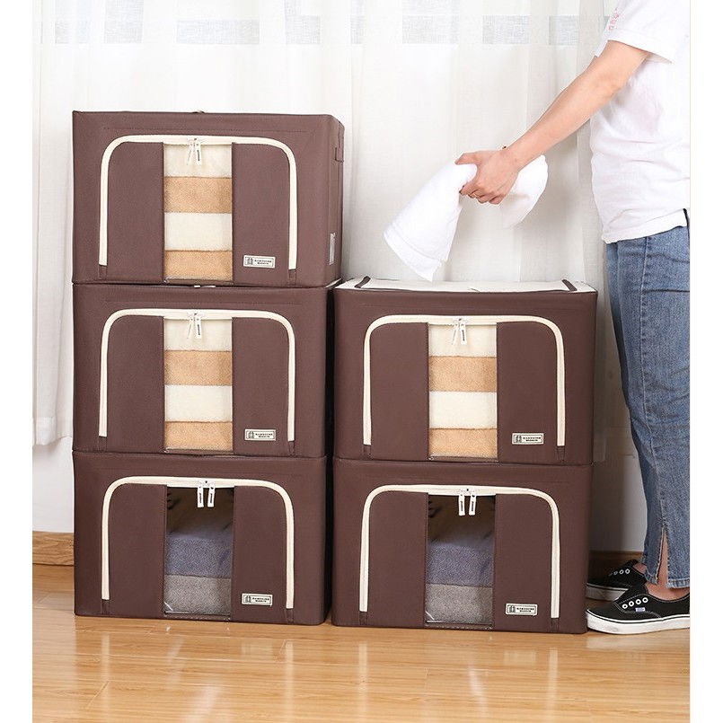 Cutie de depozitare pliabila, cu fereastra si fermoar dublu, 66 l, textil premium, 50x40x33 cm, cadru metalic, impermeabila, maro [4]