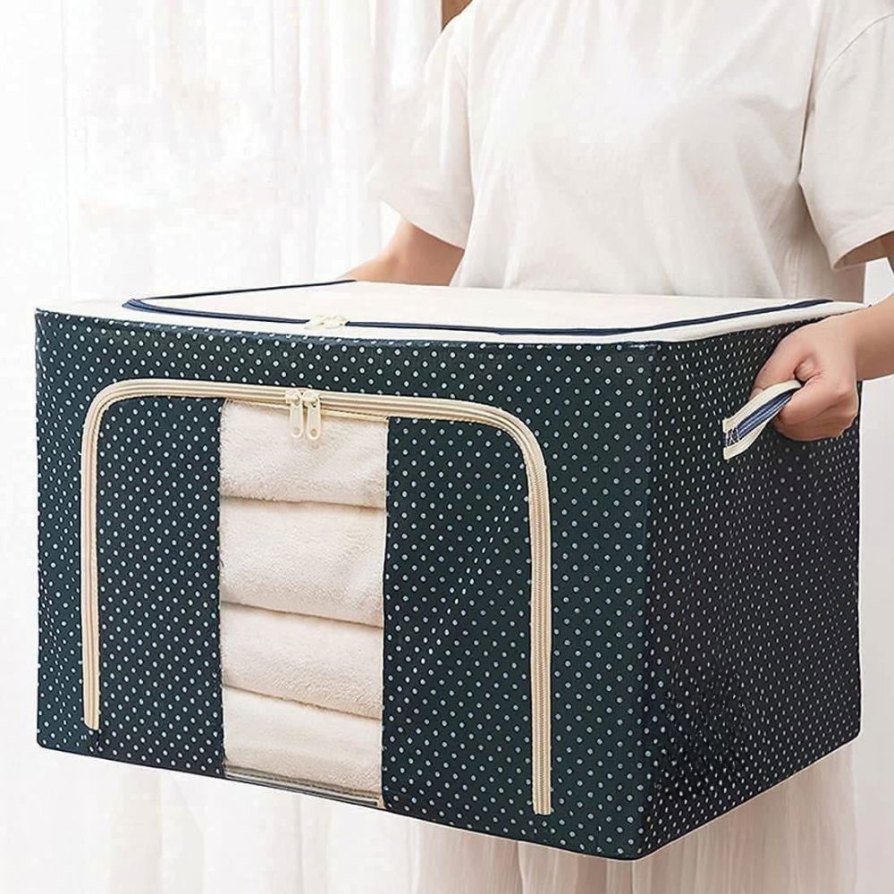 Cutie de depozitare pliabila, cu fermoar, 100 l, textil, 60x42x40 cm, albastru marin, cadru metalic, suport baza stabil din plastic, imprimeu buline [1]