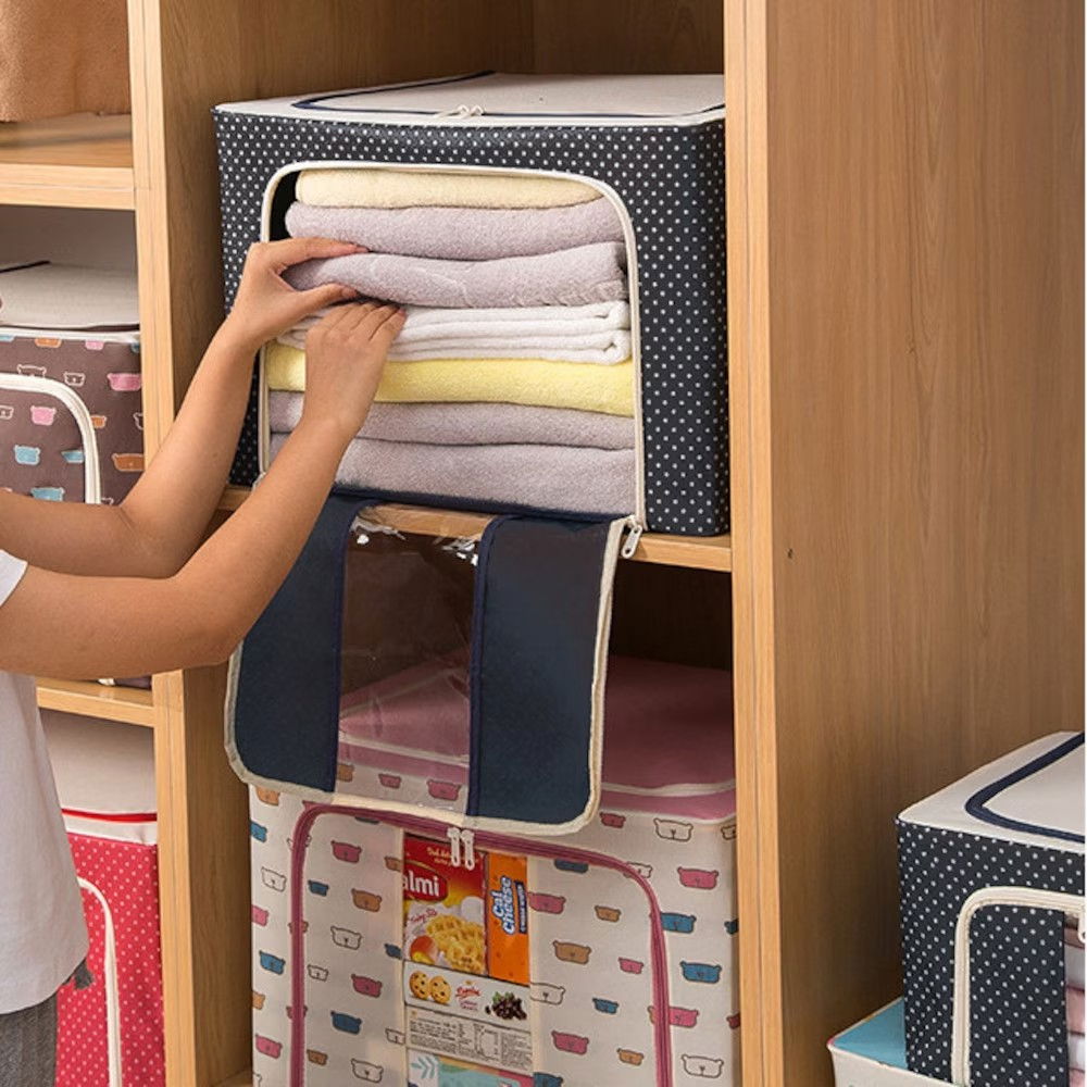 Cutie de depozitare pliabila, cu fermoar, 100 l, textil, 60x42x40 cm, albastru marin, cadru metalic, suport baza stabil din plastic, imprimeu buline [6]