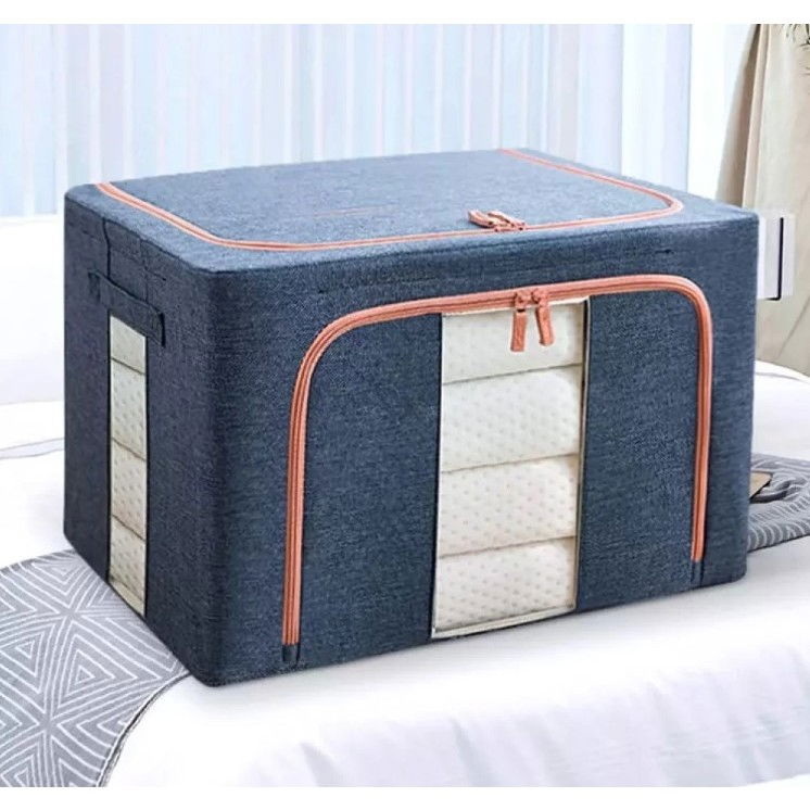 Cutie de depozitare pliabila, cu fermoar, 100 l, textil, 60x42x40 cm, cadru metalic, suport baza stabil din plastic, albastru marin cu doua ferestre [5]