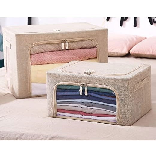 Cutie de depozitare pliabila, cu fermoar, 100 l, textil, 60x42x40 cm, cadru metalic, suport baza stabil din plastic, crem cu doua ferestre [2]