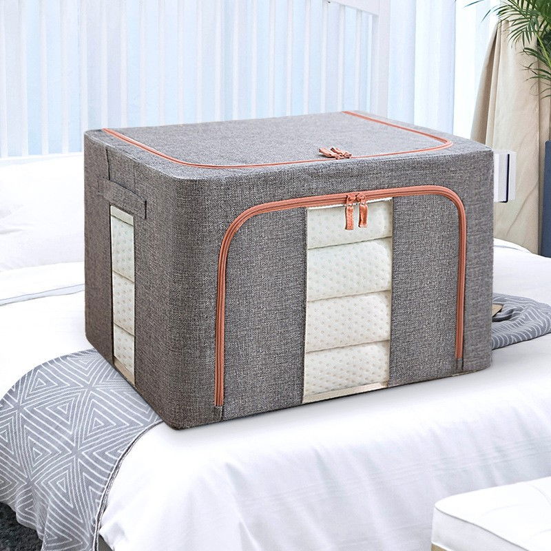 Cutie de depozitare pliabila, cu fermoar, 100 l, textil, 60x42x40 cm, cadru metalic, suport baza stabil din plastic, gri, cu doua ferestre [2]