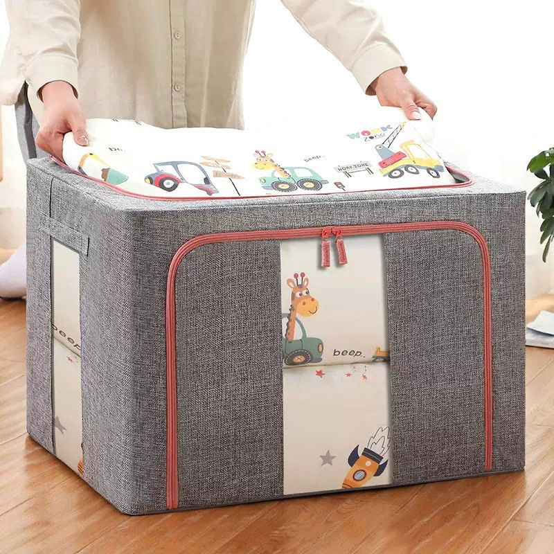 Cutie de depozitare pliabila, cu fermoar, 100 l, textil, 60x42x40 cm, cadru metalic, suport baza stabil din plastic, gri, cu doua ferestre [3]