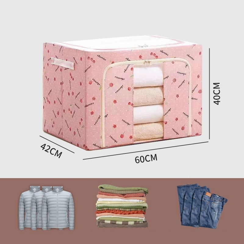 Cutie de depozitare pliabila, cu fermoar, 100 l, textil, 60x42x40 cm, cu fereastra, cadru metalic, suport baza stabil din plastic, imprimeu cirese, roz [2]