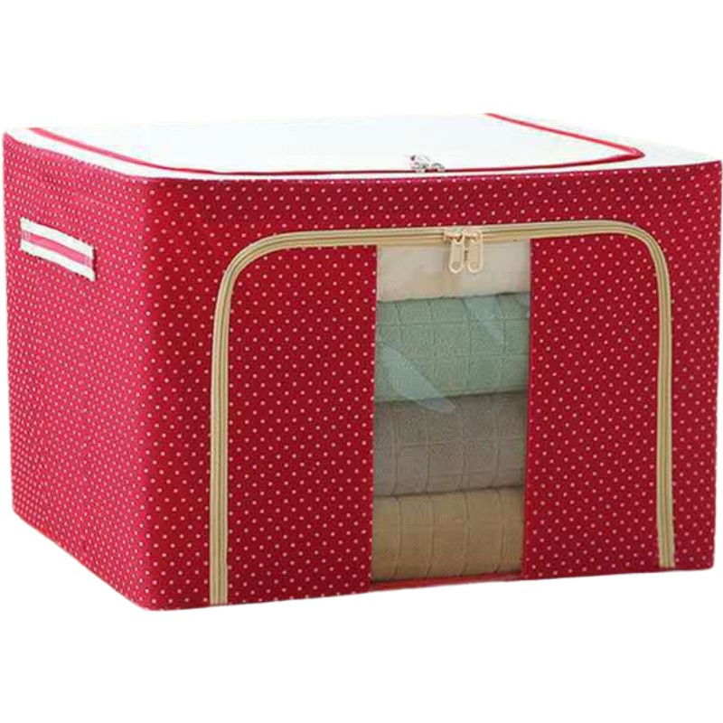 Cutie de depozitare pliabila, cu fermoar, 100 l, textil, 60x42x40 cm, o fereastra, cadru metalic, suport baza stabil din plastic, imprimeu punctat, rosu [3]