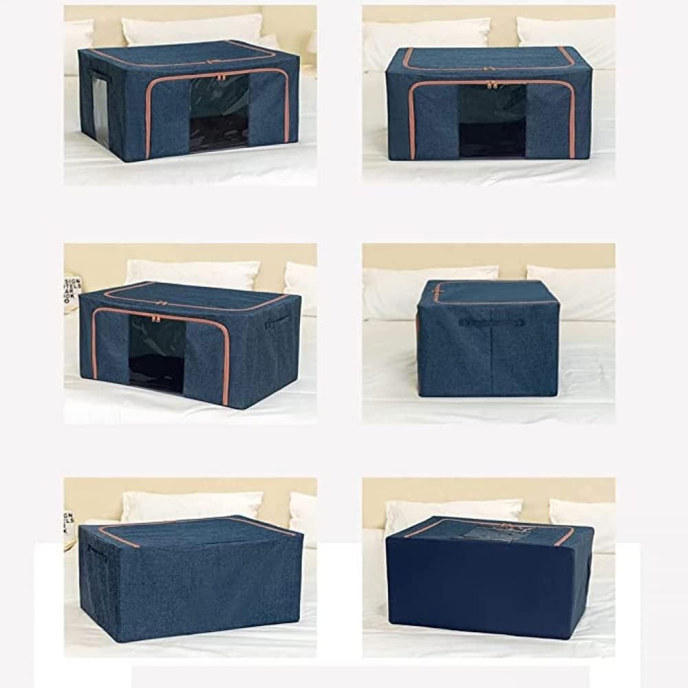 Cutie de depozitare pliabila, cu fermoar, 24 l, textil, 40x30x20 cm, cadru metalic, suport baza stabil din plastic, albastru marin cu doua ferestre [4]