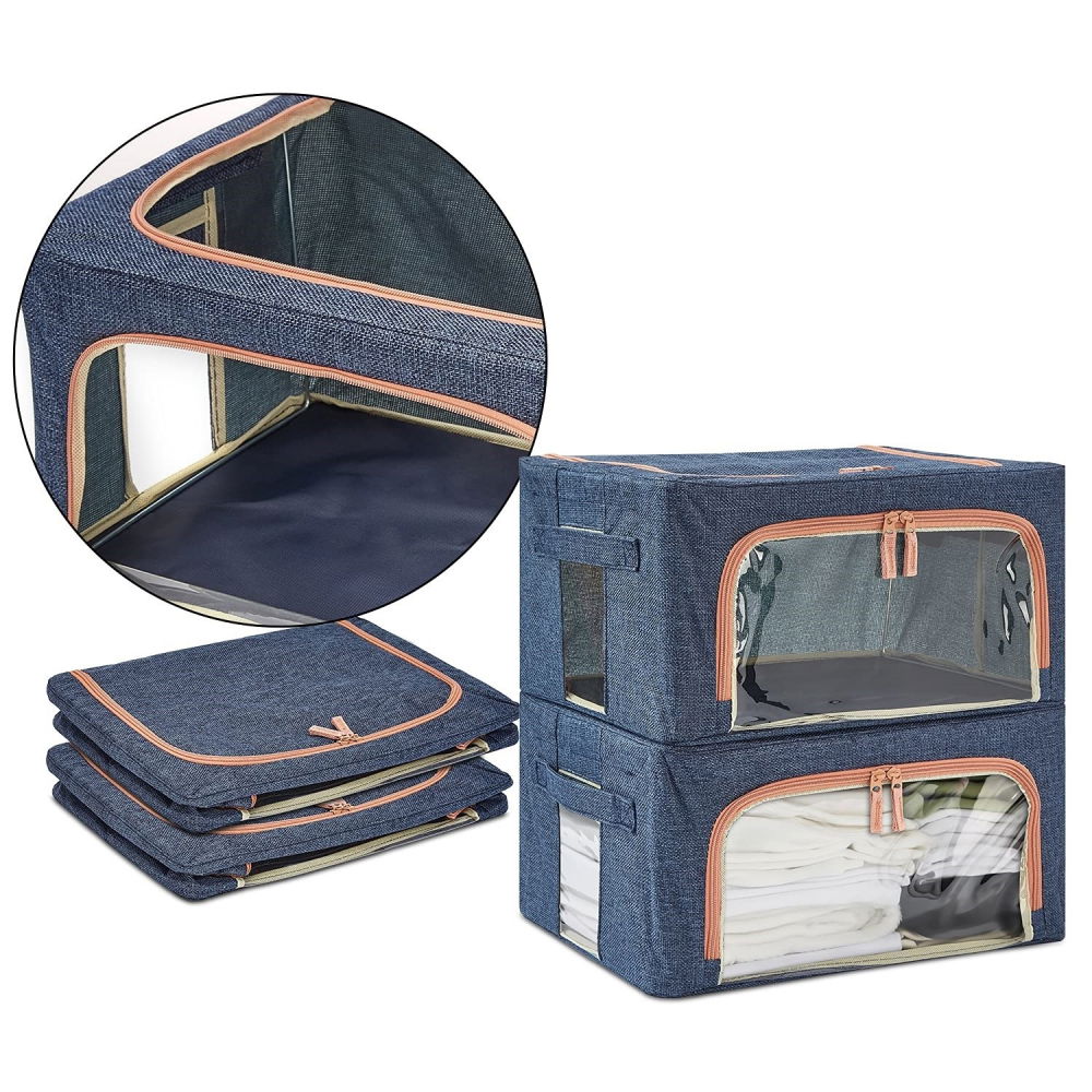 Cutie de depozitare pliabila, cu fermoar, 66 l, textil, 50x40x33 cm, albastru marin, cadru metalic, suport baza stabil din plastic, cu doua ferestre [3]