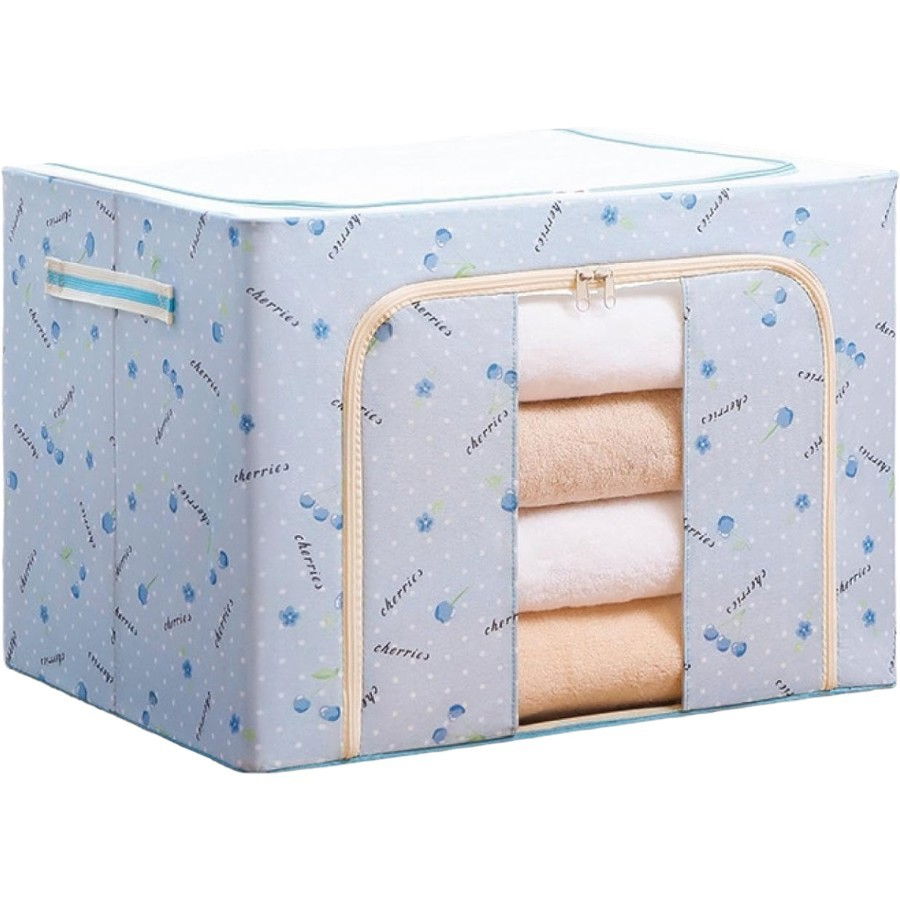 Cutie de depozitare pliabila, cu fermoar, 66 l, textil, 50x40x33 cm, cu 2 ferestre, cadru metalic, suport baza stabil din plastic, imprimeu cirese, albastru [4]