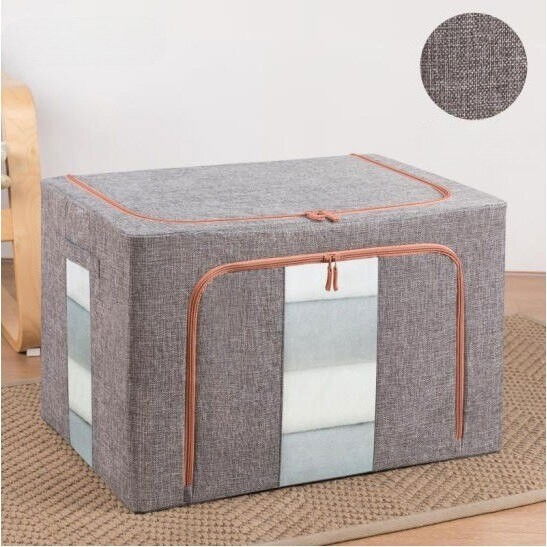 Cutie de depozitare pliabila, cu fermoar, 66 l, textil, 50x40x33 cm, gri, cadru metalic, suport baza stabil din plastic, cu doua ferestre [3]