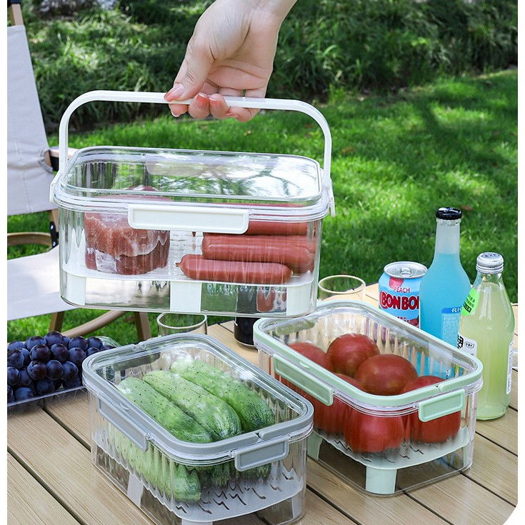 Cutie de depozitare portabila, cu separator pentru gheata si scurgere, mentine rece, caserola pranz, 25x16.5x11.5 cm, verde/transparent [6]