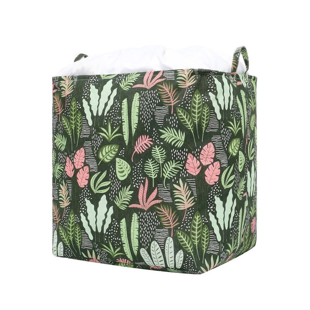 Cutie de depozitare tip cos, impermeabila, cu snur, capacitate 100 l, cu manere, 50x50x40cm, model frunze, verde [7]